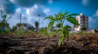Young cannabis plant growing in soil against dramatic blue sky with urban landscape in background. Symbolizes cultivation and growth.