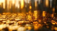 Stacks of golden coins in warm sunset light creating wealth and prosperity concept, with blurred city skyline background and selective focus for financial design.