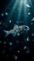 Futuristic robotic fish with glowing elements swimming in dark underwater environment with light rays and floating particles for sci-fi concepts.