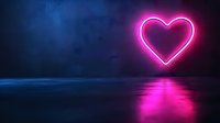 Glowing pink neon heart shape reflected on dark water surface against blue background creates romantic futuristic atmosphere for Valentine designs.