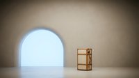 Minimalist interior with arched window and wooden display shelf on neutral beige wall, natural lighting creates soft shadows for product showcase.
