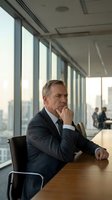 Mature male executive in dark business suit contemplating at wooden conference table with city skyline view through floor-to-ceiling windows, colleagues visible in background office setting.