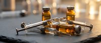Medical syringes and amber glass vials with golden liquid medication on dark slate surface with warm bokeh lighting for healthcare concepts.