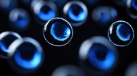 Macro shot of floating soap bubbles with glowing blue light reflections against dark background, suitable for abstract backgrounds and digital design projects.