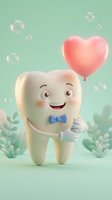 Cute cartoon tooth character holding pink heart balloon with blue bow tie on mint green background with soap bubbles for dental care and oral health.