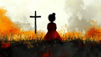 Silhouette of woman in red dress sitting near cross at sunset, dramatic orange sky and dark ground create spiritual atmosphere with emotional depth and contemplation.