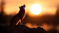 Silhouette of lone wolf howling at sunset with dramatic orange sky and bright sun creating mystical wilderness atmosphere on mountain peak.