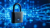 Digital security padlock on blue cyber technology background with glowing network connections and data streams for cybersecurity protection concepts.