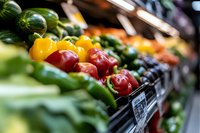 Fresh colorful vegetables displayed in grocery store produce section with peppers, zucchini and organic farming products for healthy eating and nutrition.