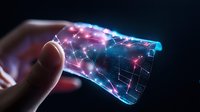 Futuristic flexible transparent display with glowing network connections and touch interaction showing digital transformation and innovative technology.