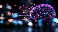 Glowing brain silhouette with colorful light trails and bokeh effect on dark background illustrates artificial intelligence and neural networks concept.