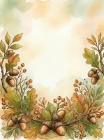 Autumn botanical frame with acorns, oak leaves, and berries arranged in watercolor style on cream background. Suitable for fall invitations, greeting cards, and seasonal design projects.