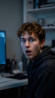Young Caucasian male with curly reddish-brown hair wearing black hoodie, displaying shocked expression in modern office workspace with computer monitor and shelving, suitable for tech, surprise, and workplace concepts.