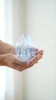 Protective hands holding holographic family figures representing life insurance, healthcare coverage, and family protection services.