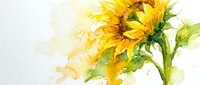 Watercolor sunflower with vibrant yellow petals and green stem on white background. Artistic floral painting with soft brushstrokes and paint splatters.