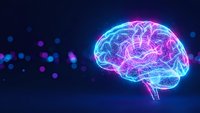 Glowing neon brain with electric neural networks on dark blue background. Digital neuroscience concept for artificial intelligence and medical technology.