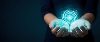 Hands holding glowing digital sphere with circuit patterns, representing technology innovation, data science, and future digital solutions for business and corporate applications.