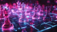 Glass chess pieces on illuminated board with purple and pink neon lighting effects creating futuristic atmosphere. Strategic game concept with modern aesthetic.