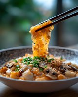 Steaming hot glass noodles with mushrooms and tofu in savory Asian sauce, garnished with fresh herbs, lifted with black chopsticks showing stretchy texture.