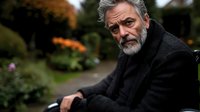 Mature man with gray hair and beard wearing dark coat sitting outdoors in garden setting. Suitable for senior lifestyle, professional portraits, and editorial use.