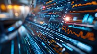 Digital data visualization with glowing blue and orange graphs, charts and statistics displayed in dynamic perspective view showing financial market analytics.