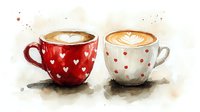 Two coffee cups with latte art hearts, red cup with white hearts pattern and white cup with red polka dots, watercolor style illustration on soft beige background.