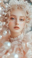 Young blonde woman with blue eyes in ethereal peach and crystal styling, wearing delicate tulle and pearl accessories against soft bokeh background.