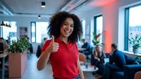 Young African American businesswoman giving thumbs up gesture in modern office workspace with colleagues working in background during daytime.