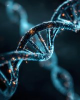 Glowing blue and orange DNA helix structure against dark background, representing genetic science and biotechnology research.