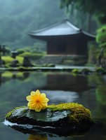 Serene yellow flower on moss-covered stone in tranquil pond with traditional Japanese pagoda temple reflecting in misty water during peaceful morning.