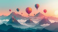 Colorful hot air balloons floating over misty mountain landscape at sunrise, creating dreamy atmosphere with pink and turquoise gradient sky perfect for travel or adventure designs.