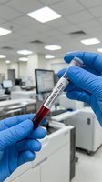 Medical technician hands in blue latex gloves holding blood sample test tube labeled diagnostic test in modern laboratory setting for healthcare analysis.
