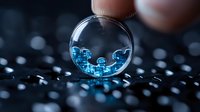 Glowing blue bacteria seen through glass sphere on dark background with bokeh effect, scientific research concept showing microscopic organisms in macro photography.