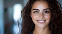 Young Mediterranean woman with natural wavy dark hair and bright smile showing white teeth against blurred background, looking at camera with confident expression.