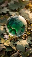 Green crystal globe surrounded by autumn leaves with miniature renewable energy symbols representing environmental sustainability and eco-friendly technology solutions.