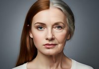 Conceptual portrait showing aging process with woman's face split between young and mature appearance against gray background.