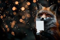Red fox holding smartphone against dark background with golden bokeh lights creating magical forest atmosphere. Wildlife meets modern technology.