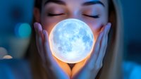Young Asian woman with closed eyes holding glowing full moon between hands against dark blue background with bokeh lights creating magical atmosphere.
