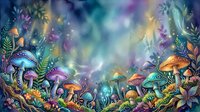 Enchanted forest floor with glowing mushrooms, magical plants, and luminous particles creating a mystical woodland atmosphere for fantasy and nature designs.