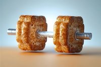 Creative concept of dumbbell made from canele French pastry with metal bar, representing balance between fitness and indulgence in food photography.