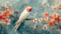 White cockatoo perched on blooming cherry blossom branch against turquoise sky background, pink petals and buds create dreamy spring atmosphere.
