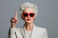 Confident senior woman with white hair wearing red sunglasses and beige suit pointing finger up in authoritative gesture against gray background.