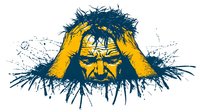 Distressed man with yellow hands clutching head against blue splatter background, expressing anxiety, stress, and mental health struggles.