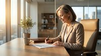 Professional businesswoman writing notes at modern office desk with city view during golden hour sunlight creating warm productive workspace atmosphere.