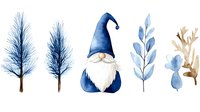 Watercolor winter gnome with blue hat and botanical elements isolated on white background for seasonal design projects.