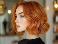 Young woman with vibrant copper wavy bob hairstyle and natural makeup in profile view against soft bokeh background, wearing black top. Modern salon style.