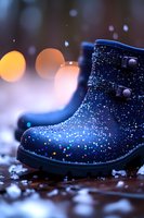 Sparkly blue winter boots with glitter effect against blurred bokeh lights background, snow crystals adding magical winter atmosphere for seasonal design.