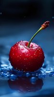 Fresh red cherry with water droplets on wet blue surface with dramatic lighting for food photography and culinary designs.