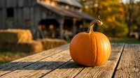 Fresh orange pumpkin on rustic wooden table with barn and hay bales in soft autumn sunlight, perfect for fall harvest seasonal themes.
