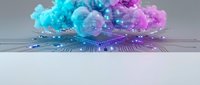 Colorful digital cloud explosion with cyan, purple, and magenta particles dispersing over circuit board pattern, representing data flow, technology, and innovation for digital design projects.